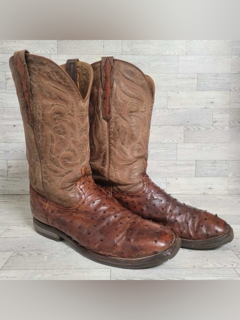 Men's Lucchese Full Quill Ostrich Leather Brown Square Toe Cowboy Boots Size 13